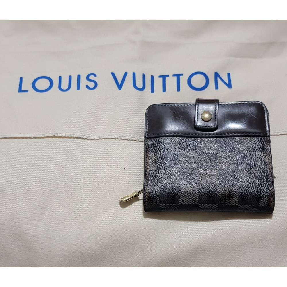 Louis Vuitton Damier Ebene Compact Wallet Brown Checkered Canvas Zippered - Picture 1 of 7
